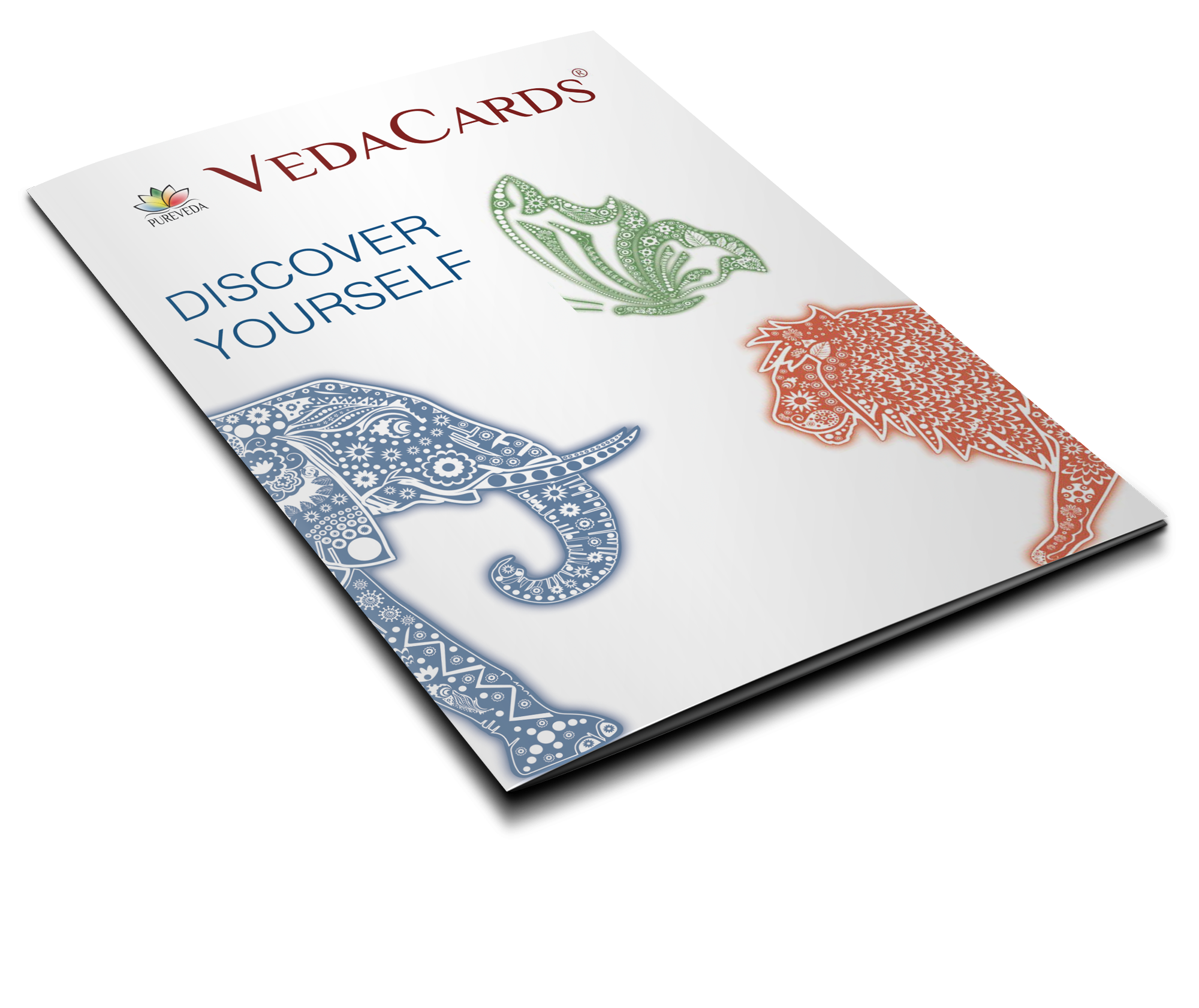 VedaCards – Descubre tu verdadero yo Cubierta del producto VedaCards, presenta un diseño artístico y colorido de un elefante y un león.