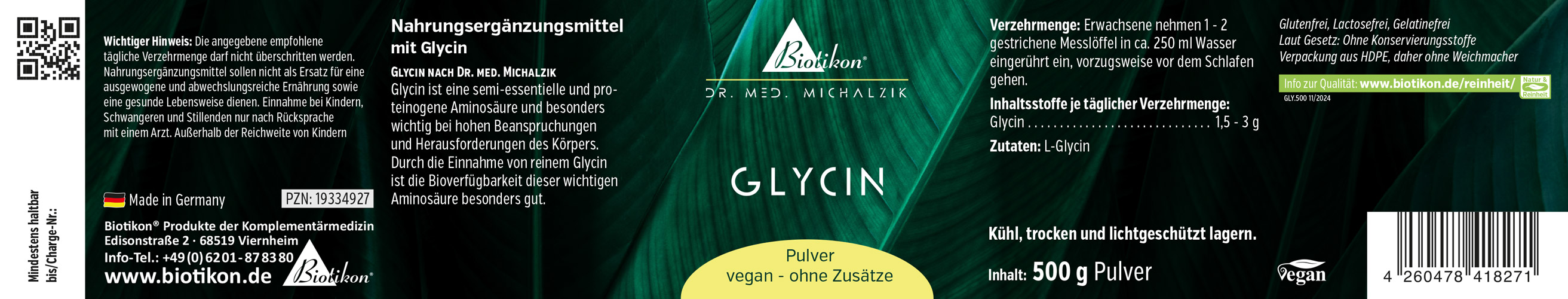 Glicina en polvo – 500 g Suplemento de glicina, polvo de 500 g, vegano, sin aditivos, envase verde.