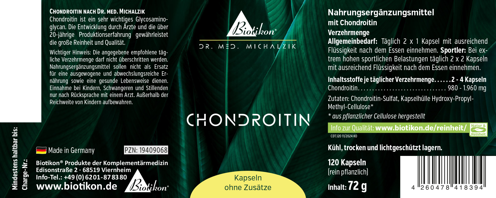 Chondroitina 120 Cápsulas – Suplemento Alimenticio Suplemento alimenticio de chondroitina en un envase negro con hojas verdes, 120 cápsulas, 100% vegetal, vista frontal.