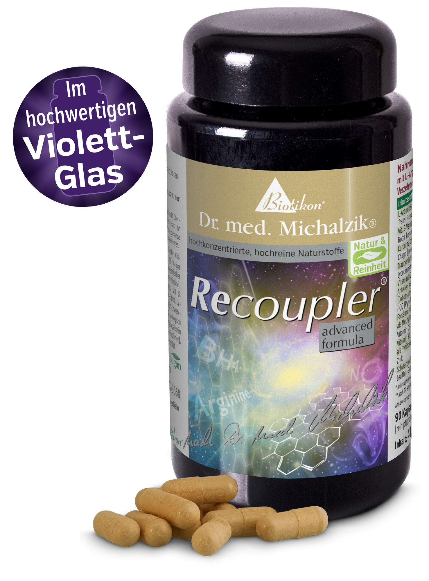 Recoupler 90 Cápsulas – Suplemento Alimenticio Suplemento alimenticio Recoupler en 90 cápsulas, cápsulas doradas, frasco de vidrio violeta de alta calidad.