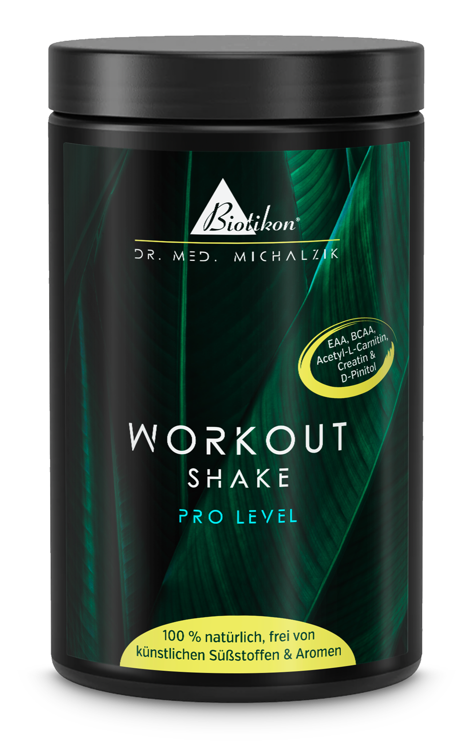 Tarrina negra con Workout Shake, 100% natural, 500 g, vista frontal