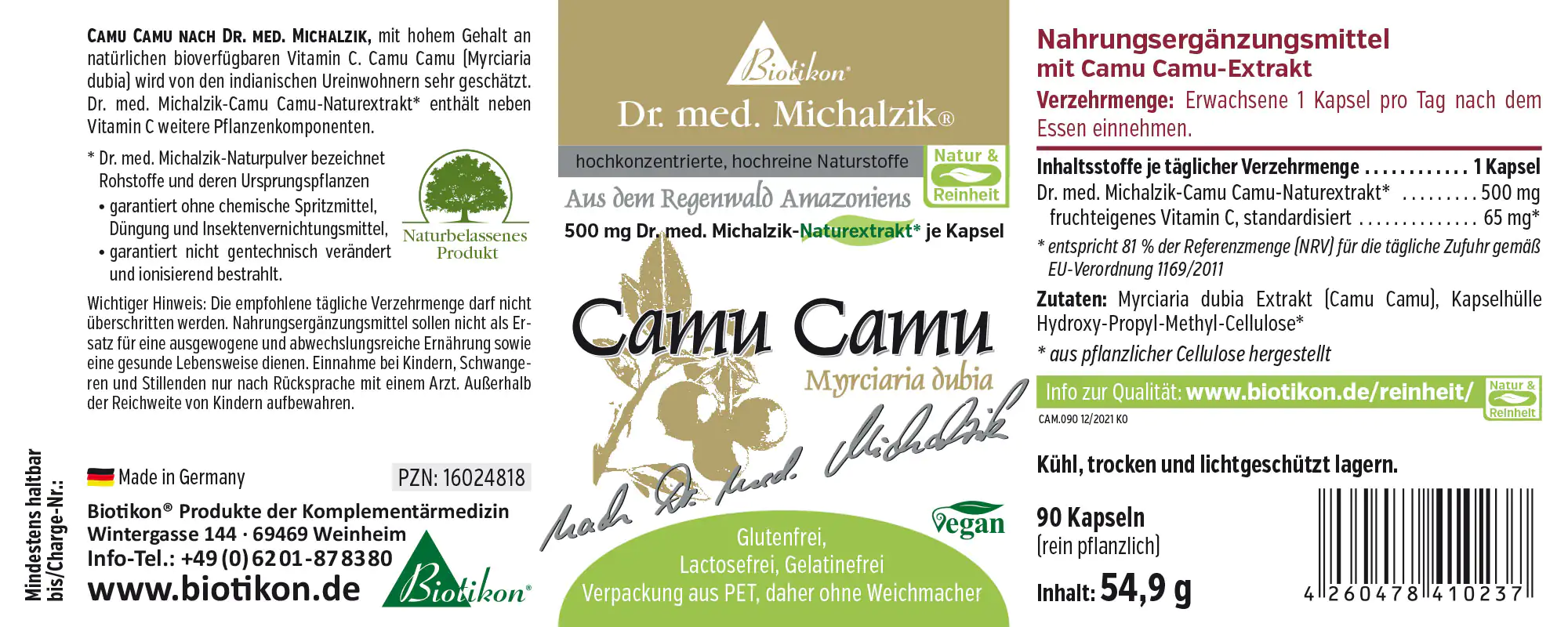 Camu Camu 500 mg - Cápsulas Suplemento de Camu Camu en cápsulas, 90 unidades, envase colorido, vista lateral