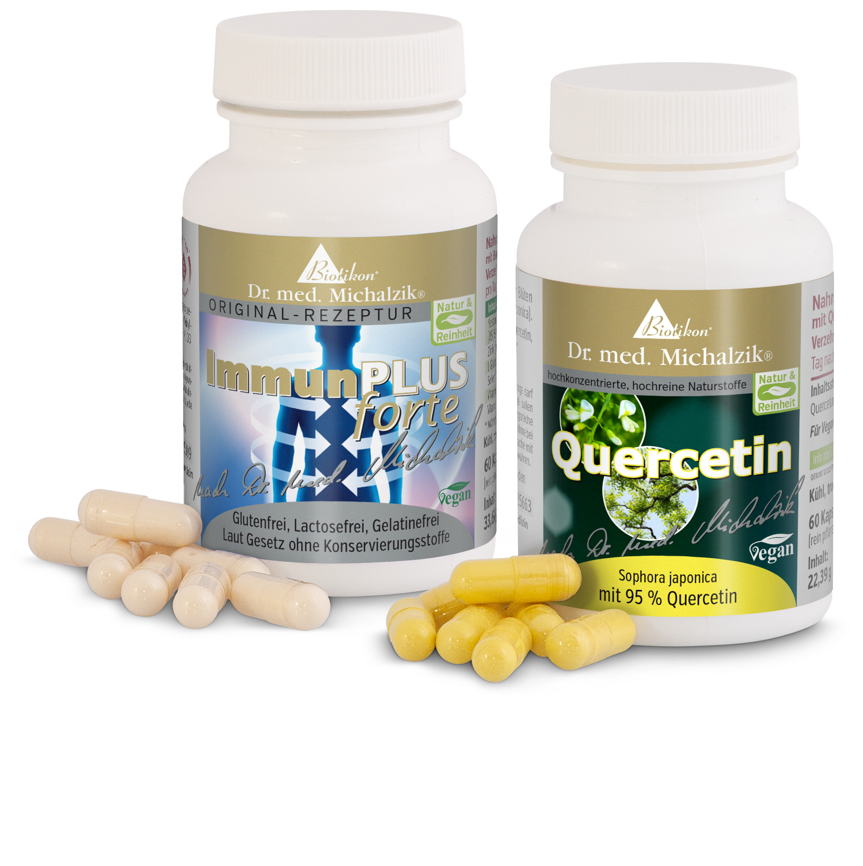 ImmunPLUS forte – Cápsulas 60 piezas Dos botellas de suplementos, ImmunPLUS forte y Quercetina, con cápsulas amarillas y transparentes.