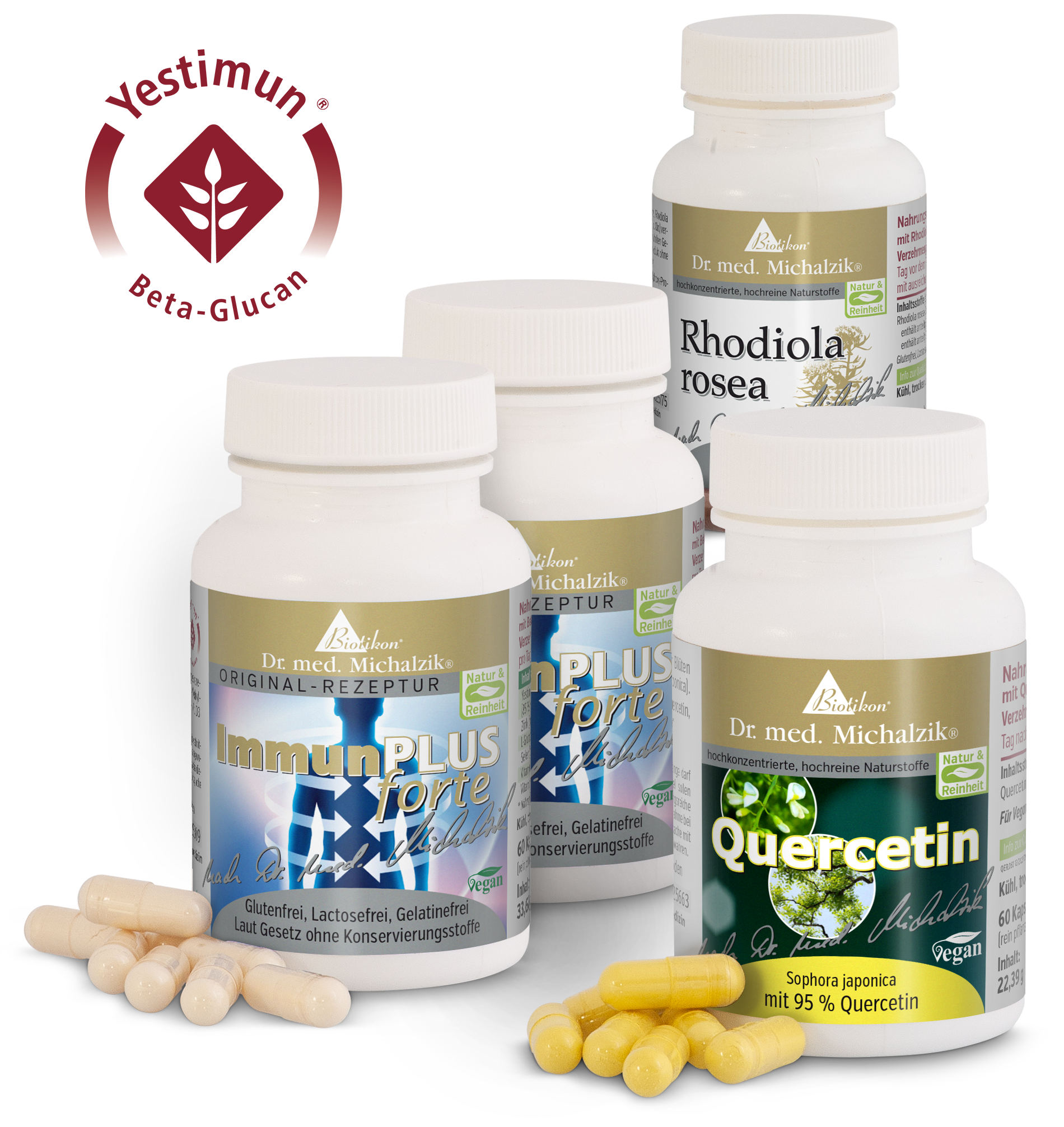 Cuatro botellas de suplementos alimenticios, cápsulas en amarillo y blanco, diferentes variedades con 30 y 60 cápsulas.