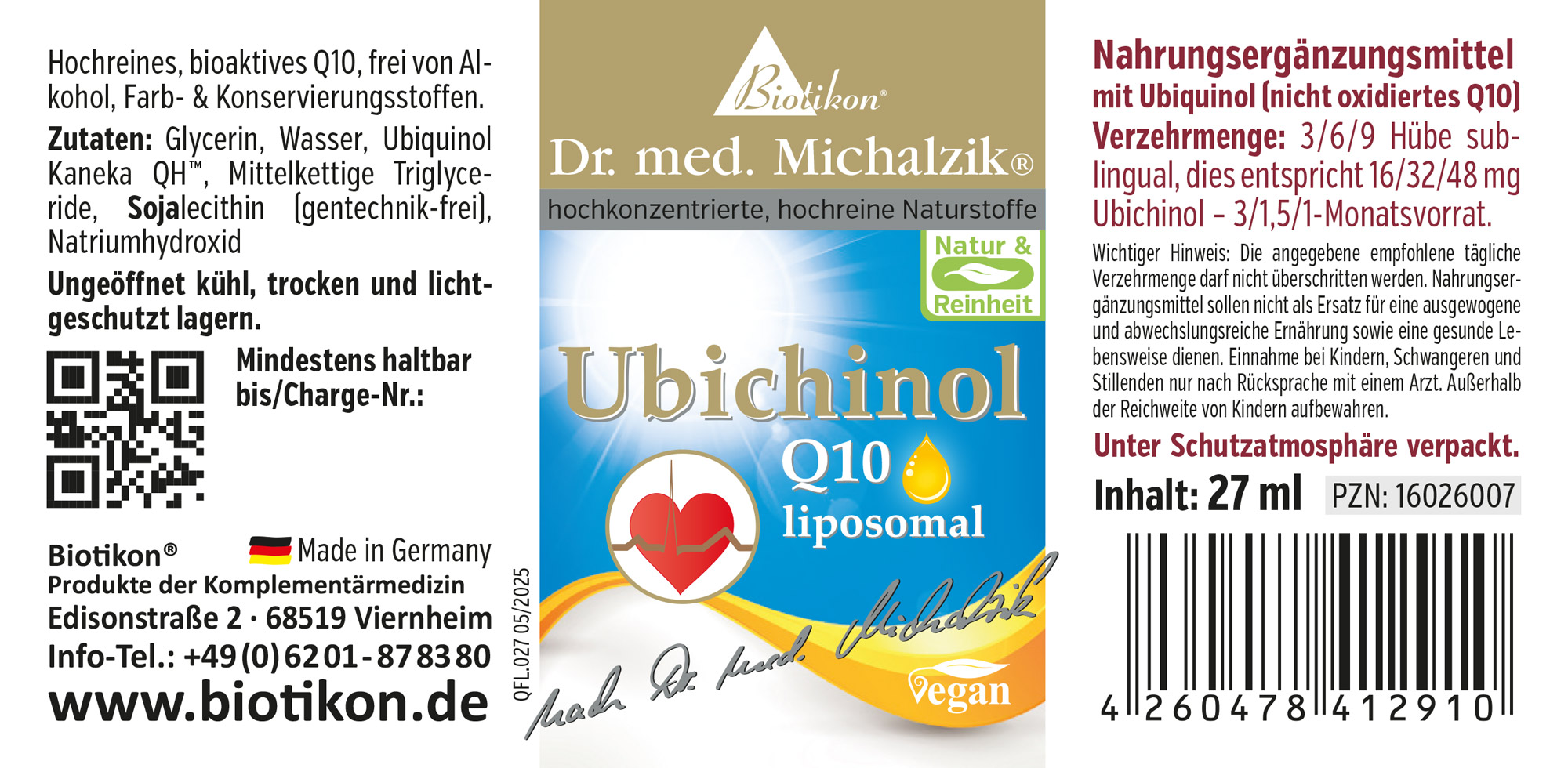 Ubichinol Q10 liposomal en botella de 27 ml, diseño amarillo-azul, vegano.