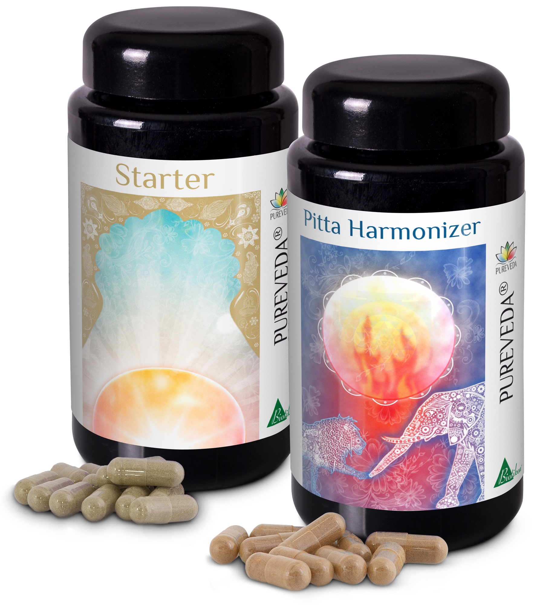 Cápsulas de Ayurveda – Starter y Harmonizador de Pitta Dos frascos negros de cápsulas, uno con 'Starter' y el otro con 'Harmonizador de Pitta', junto a cápsulas beige.