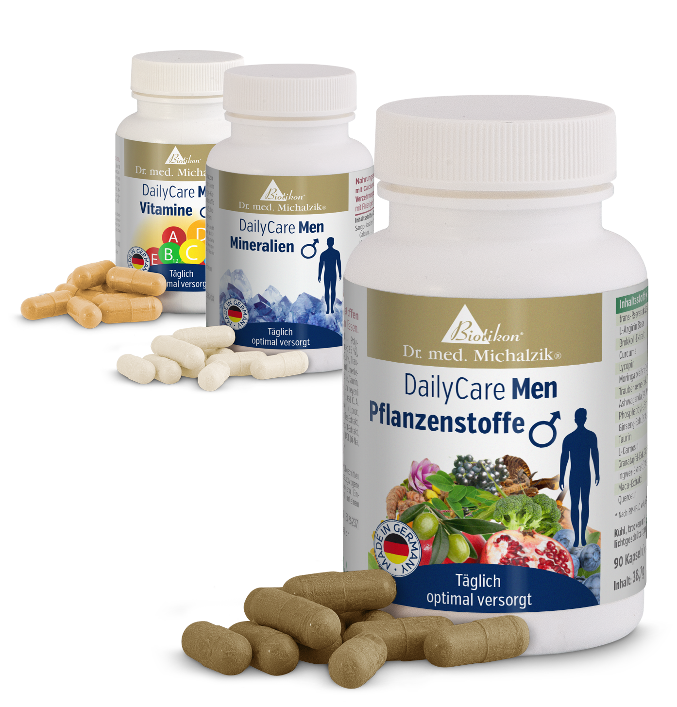 Paquete DailyCare para hombres con 3 frascos Tres suplementos alimenticios para hombres, cápsulas en beige, blanco y marrón, con diferentes ingredientes, envase visible.