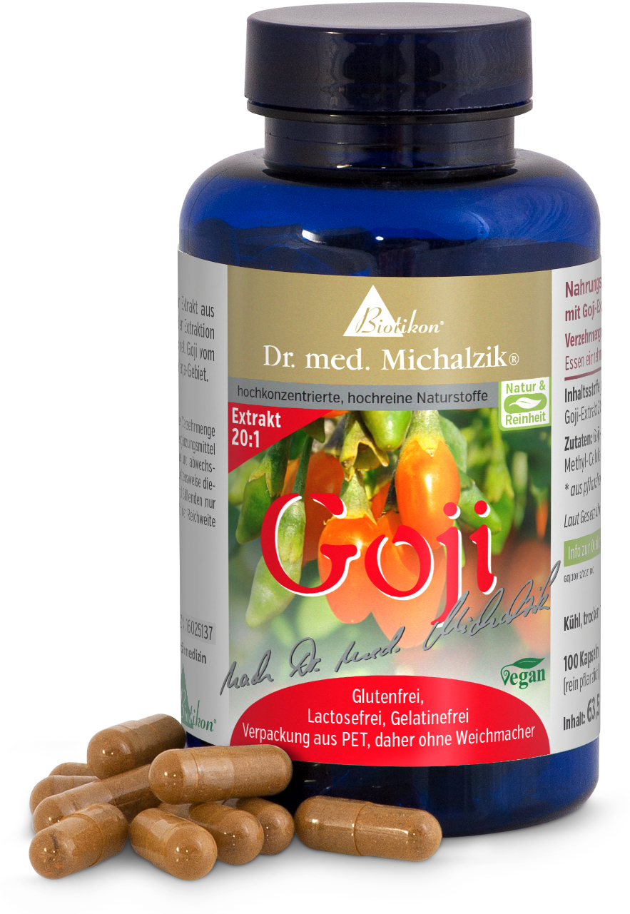 Extracto de Goji 20:1 – 100 Cápsulas Extracto de Goji en envase de cápsulas azules, 100 cápsulas, sin gluten, vegano