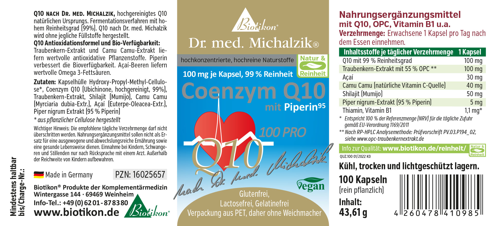 Coenzima Q10 en cápsulas, 100 mg por cápsula, paquete de 100 cápsulas, diseño azul y blanco.