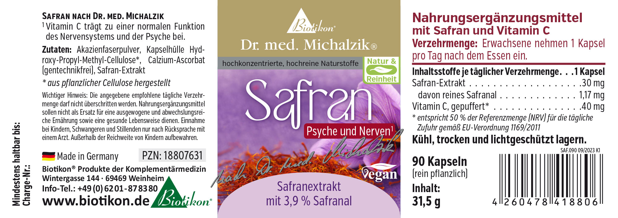Suplemento alimenticio con azafrán y vitamina C, 90 cápsulas, envase en diseño violeta y blanco, vegano.