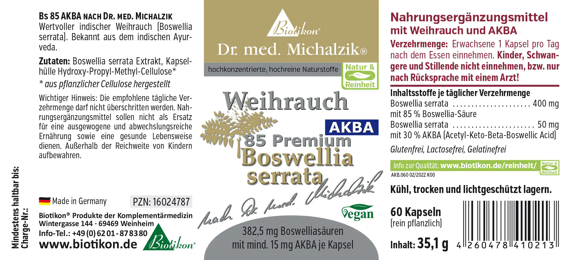 Incienso 85 – Cápsulas de Boswellia serrata 60 cápsulas con 382,5 mg de ácidos boswélicos, veganas, en envase marrón claro.