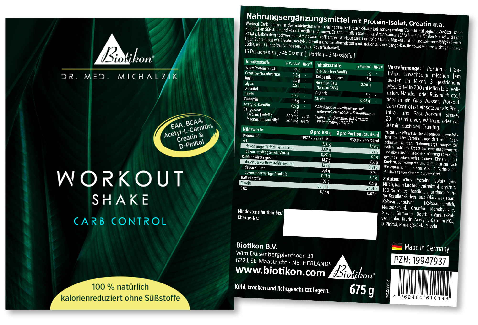 Batido de Entrenamiento Control de Carbohidratos – 675 g Suplemento en envase de 675 g, en polvo, color verdoso, ideal para fitness.