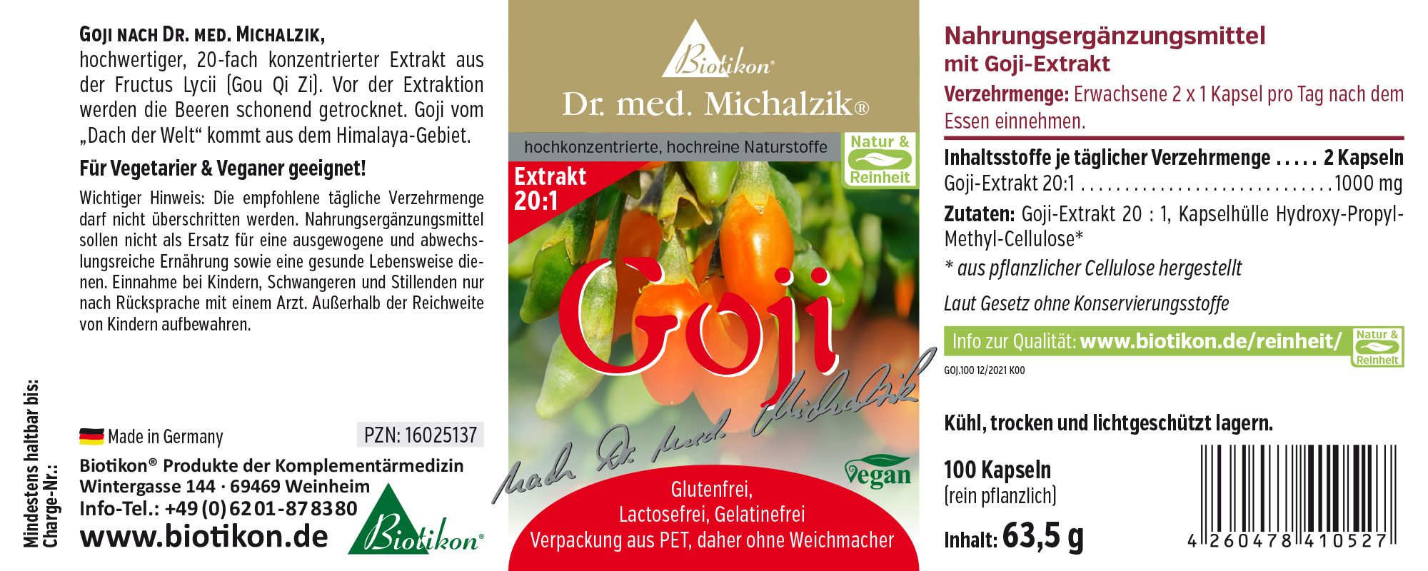 Extracto de Goji en cápsulas, 100 piezas, veganas, rojas, envase de PET.