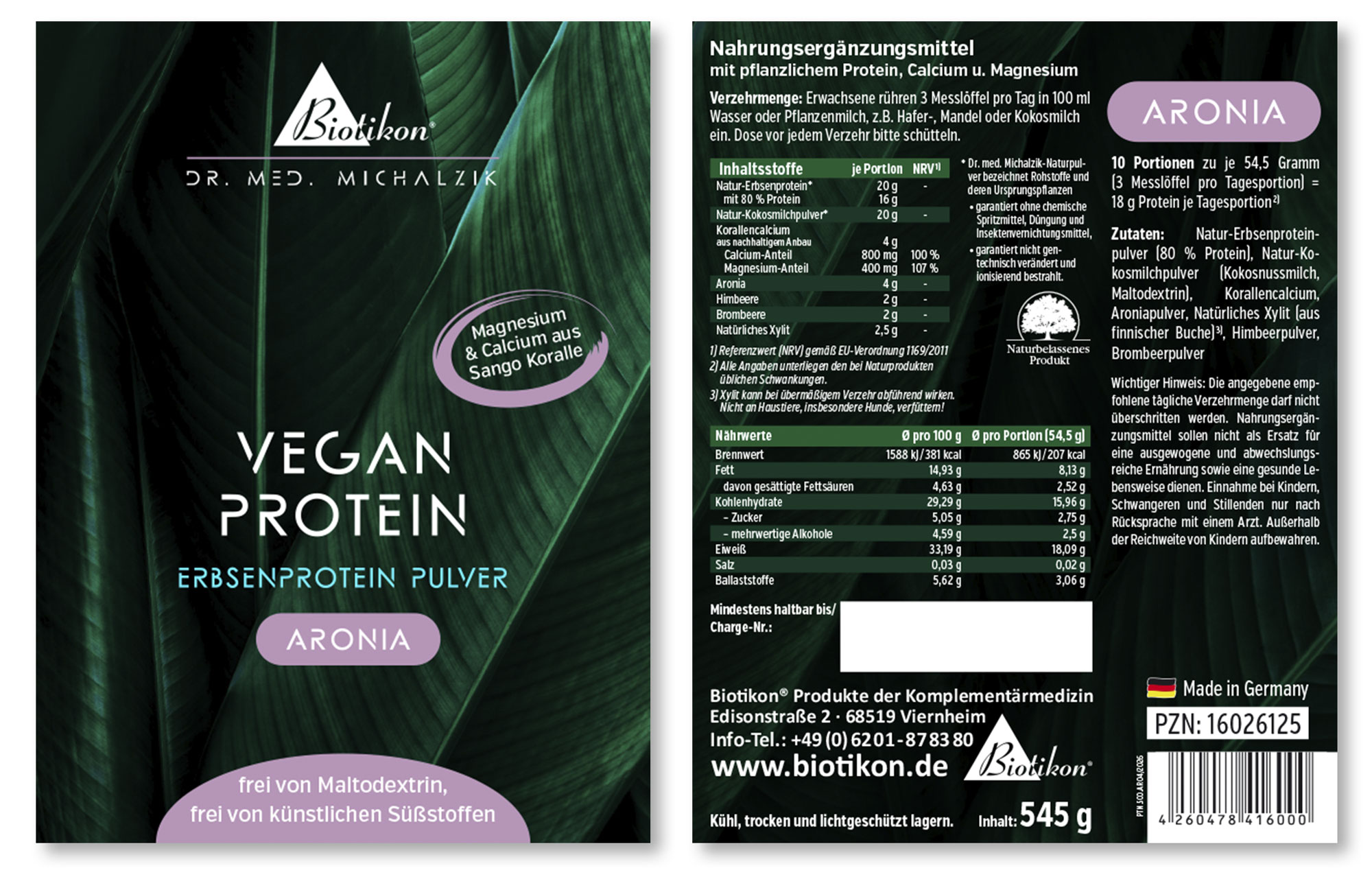 Proteína vegetal en polvo combinada con aronia, mezcla de bayas, envase de 545 g, diseño en púrpura y blanco.