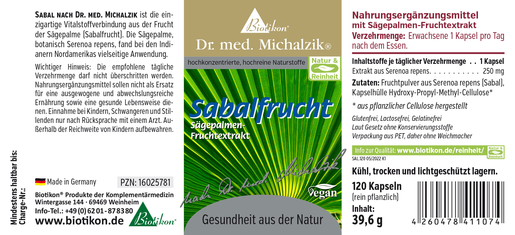 Sabalfrucht 250 mg – Cápsulas Veganas Suplemento dietético con extracto de fruta de palma saw, 120 cápsulas veganas en envase verde.