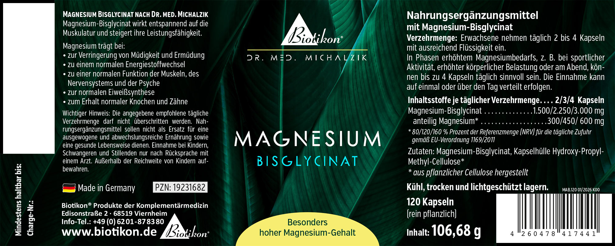 Magnesio Bisglicinato 120 Cápsulas 120 cápsulas de Magnesio Bisglicinato, envase verde, vista frontal, vegetal.