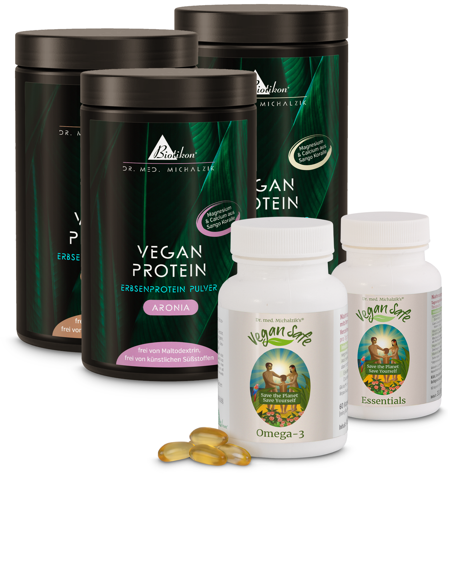 Cuatro recipientes de proteína vegetal en polvo de diferentes colores y etiquetas, junto con cápsulas de Omega-3 y esencias, sobre fondo blanco.