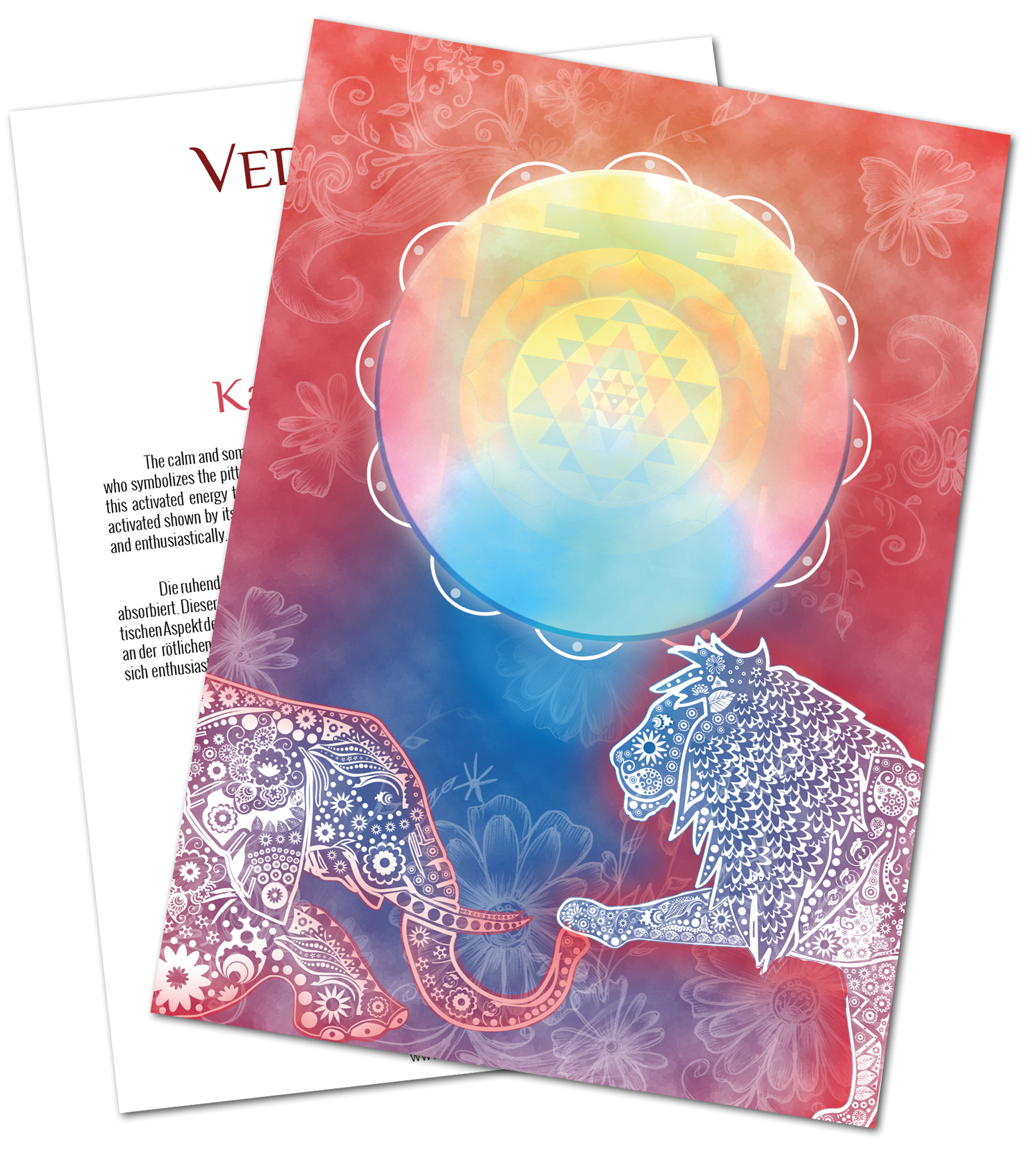 VedaCard Kapha - Tarjeta Mandala A4 Tarjeta Mandala A4 a todo color con elefante y león, papel con diseño floral.
