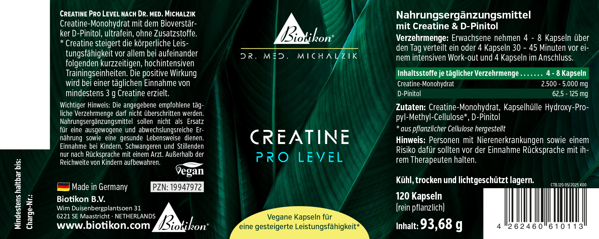 Creatina Pro Nivel – 120 Cápsulas Cápsulas veganas con creatina monohidrato y D-Pinitol, 120 unidades en envase negro, vista frontal.