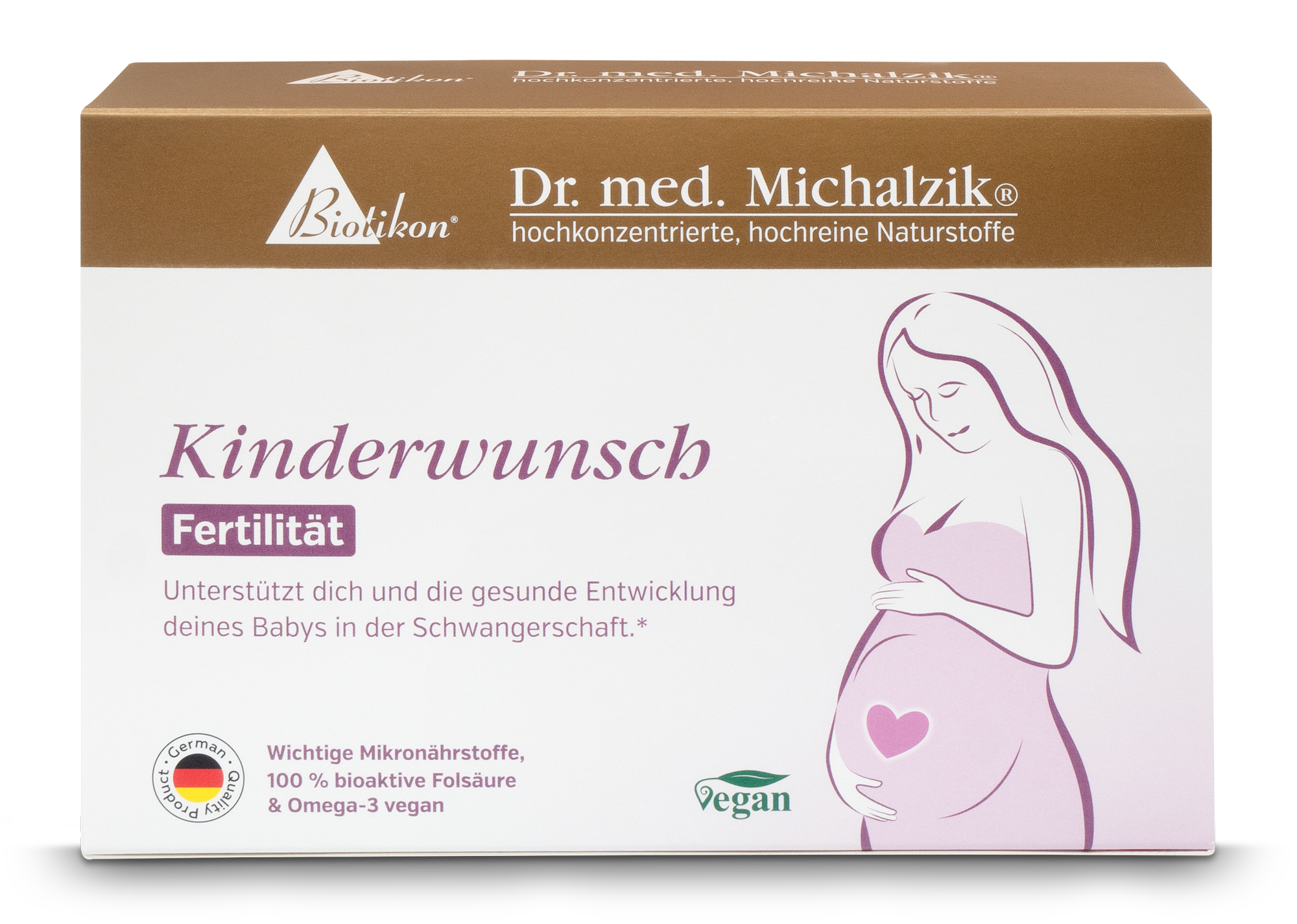 Fertilidad para el deseo de ser padres – 30 cápsulas Paquete de Fertilidad para el deseo de ser padres, 30 cápsulas, veganas, diseño de empaque con mujer embarazada en la parte frontal.