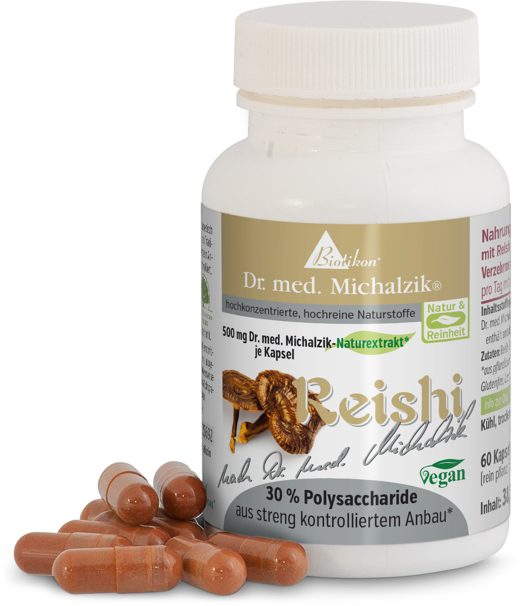 Cápsulas de Reishi en recipiente transparente, 500 mg por cápsula, 60 cápsulas, cápsulas marrones sobre fondo blanco.