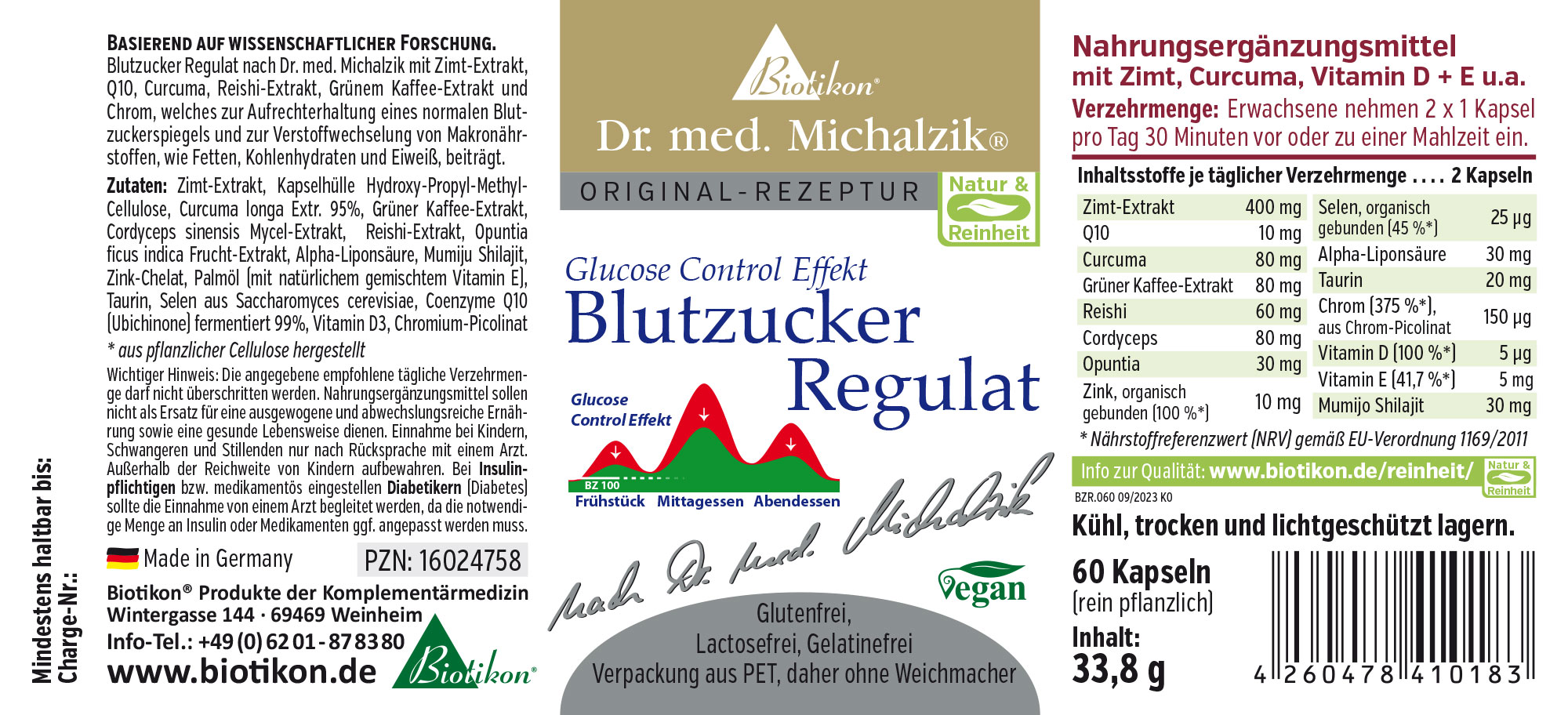 Suplemento alimenticio Regulador de glucosa en sangre en envase PET, 60 cápsulas, diseño verde, vista lateral.