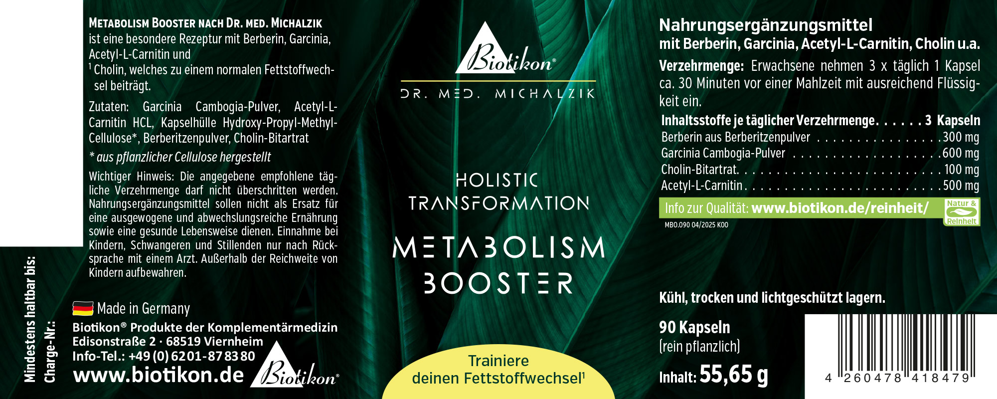 Potenciador del Metabolismo – 90 Cápsulas Suplemento en envase negro, 90 cápsulas, colores de origen vegetal, vista frontal.