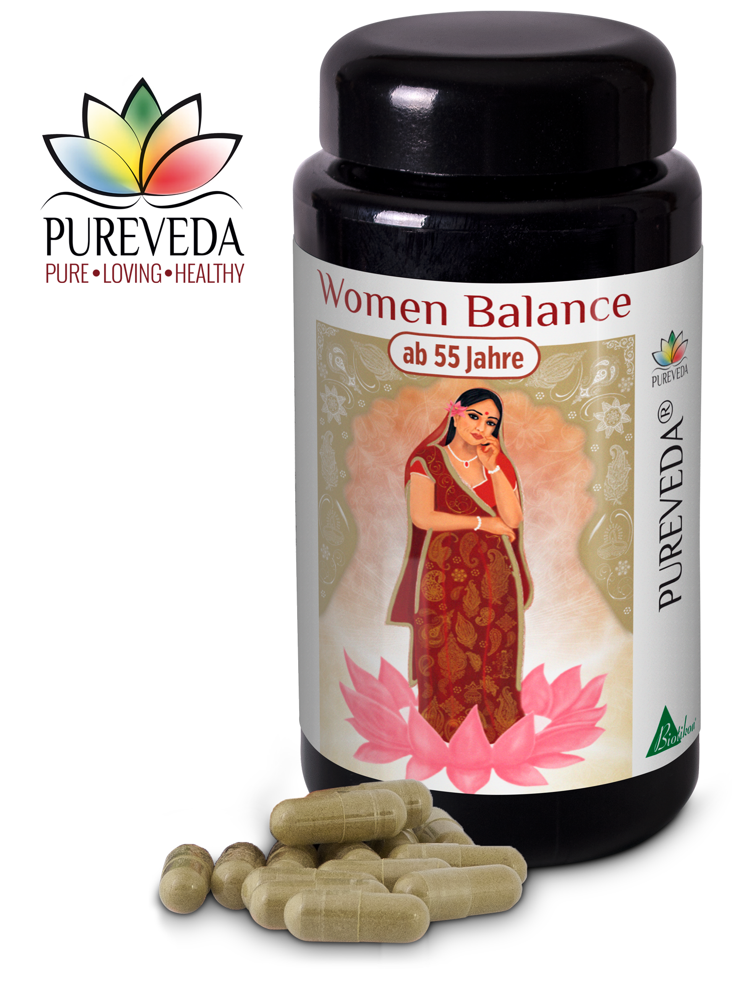 Cápsulas Mujeres Balance – a partir de 55 años Botella de vidrio oscuro con cápsulas 'Mujeres Balance' para mujeres a partir de 55 años, cápsulas beige en el exterior.