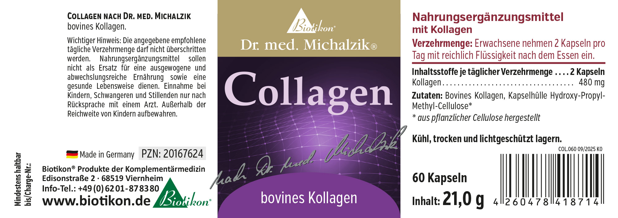 Colágeno 480 mg – 60 cápsulas Suplemento de colágeno, 60 cápsulas, empaque morado, vista frontal.