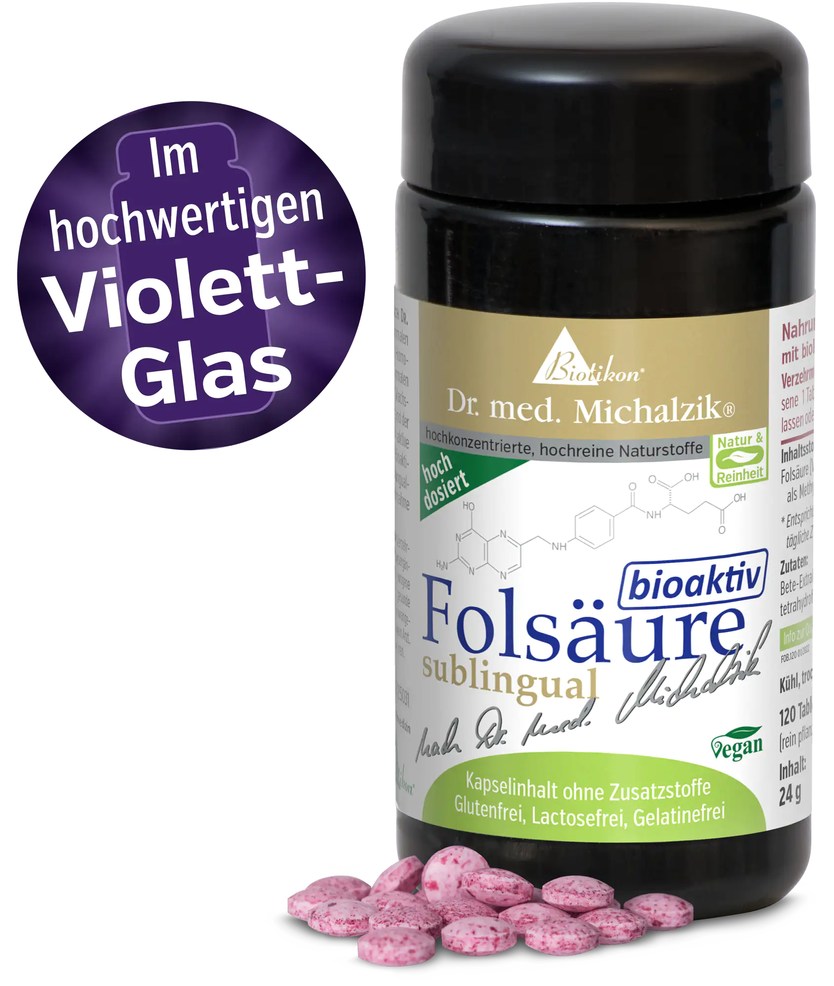 Cápsulas de fols ácido en envase de vidrio violeta, 120 unidades, cápsulas rosas sobre la mesa.