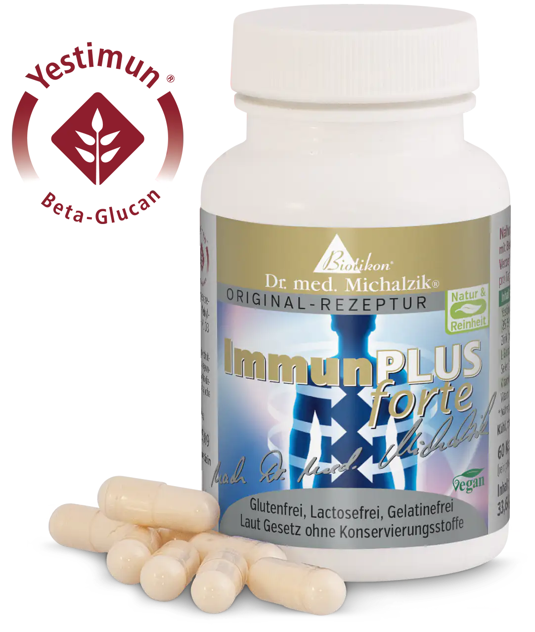 InmunPLUS forte – 60 cápsulas Botella blanca con 60 cápsulas, sin gluten ni lactosa, ingredientes veganos.