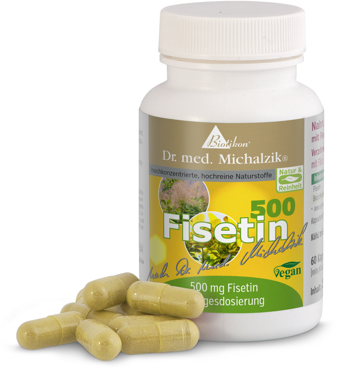 Fisetina 500 mg – Cápsulas veganas Botella con 60 cápsulas veganas, contenido Fisetina 500 mg, color amarillento, vista lateral.