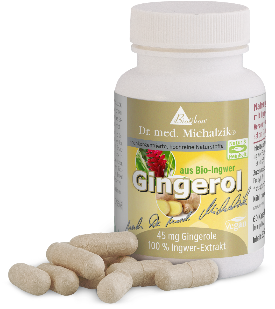 Gingerol 45 mg - Cápsulas Botella de cápsulas de gingerol, 60 unidades, marrón claro, de jengibre orgánico, forma vegana.