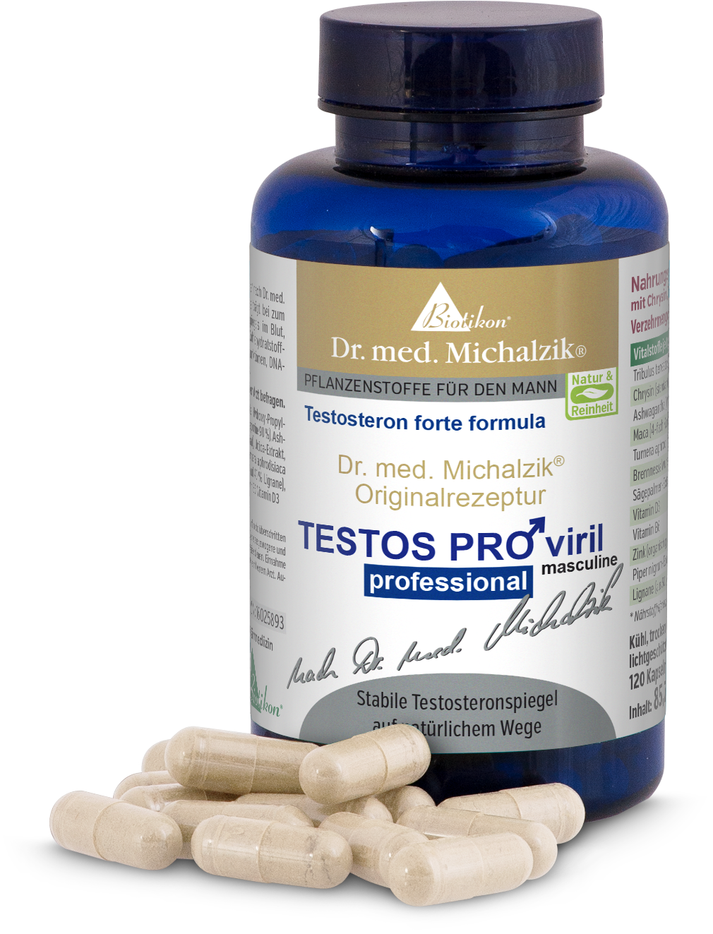 Testosterona Forte 120 Cápsulas - Dr. Michalzik Botella azul con fórmula Testosterona Forte, 120 cápsulas, sobre fondo blanco.