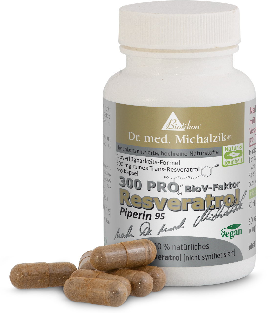 Resveratrol 300 mg – Cápsulas Botella con 60 cápsulas, cápsulas beige sobre la mesa, veganas, con gráfico promocional.