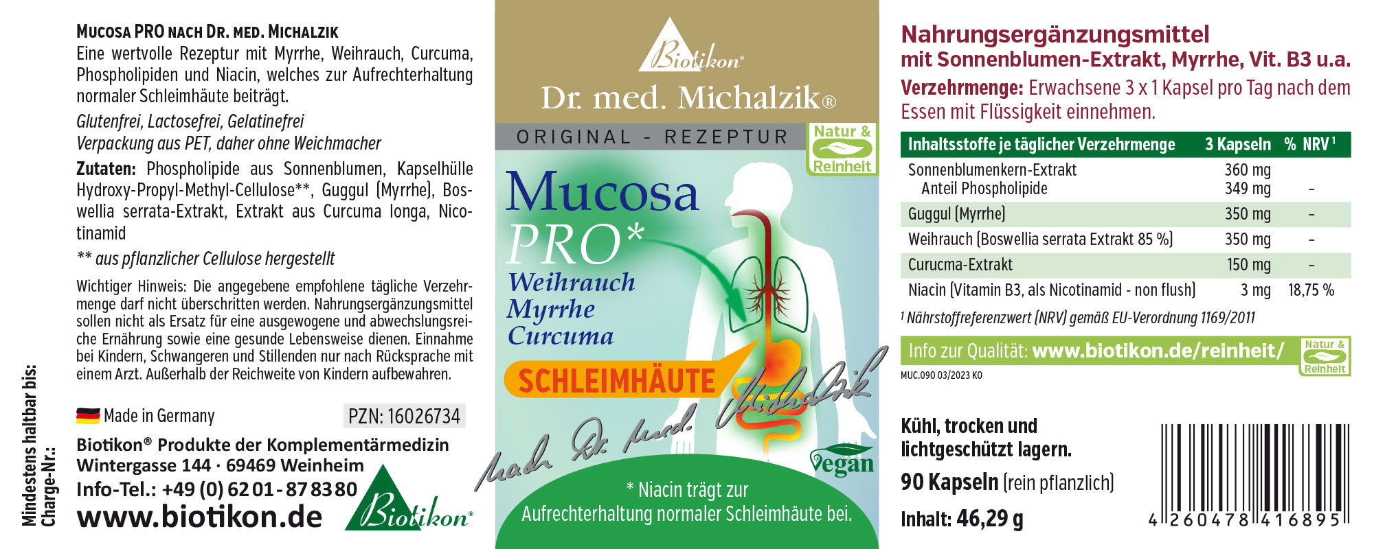 Mucosa PRO 90 Cápsulas – Mirra, Incienso, Cúrcuma Suplemento alimenticio en envase PET, 90 cápsulas veganas, etiquetado en verde y blanco.