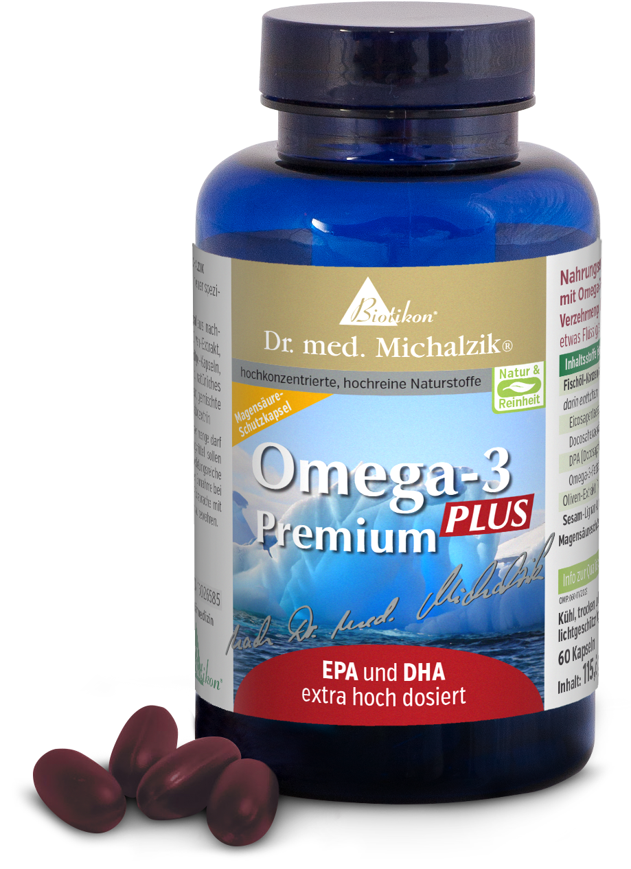Omega-3 Premium PLUS – 60 cápsulas Botella azul con 60 cápsulas, cápsulas de color marrón rojizo visibles, etiqueta del producto clara.