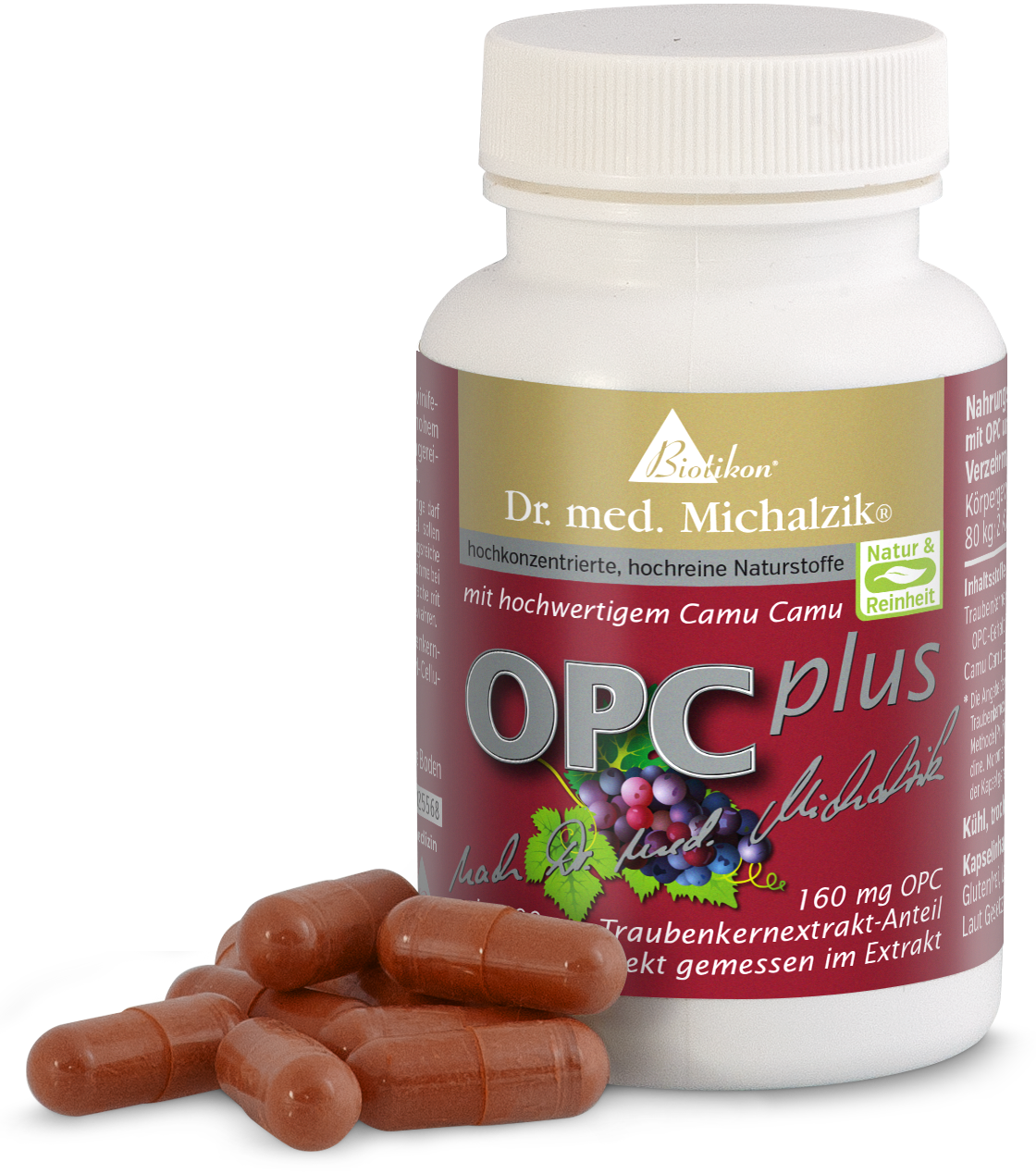 OPC plus 160 mg – Cápsulas Botella de cápsulas OPC plus, 160 mg, cápsulas rojas, vista frontal, empaque y cápsulas.