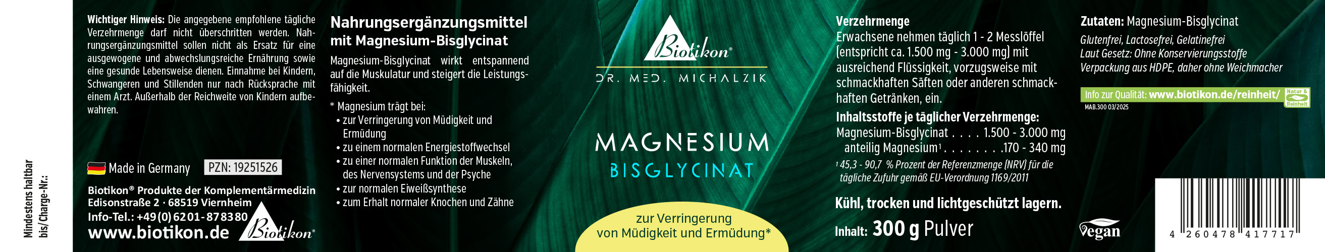 Suplemento de bisglicinato de magnesio, 300 g en polvo en envase oscuro, vegano y sin aditivos.