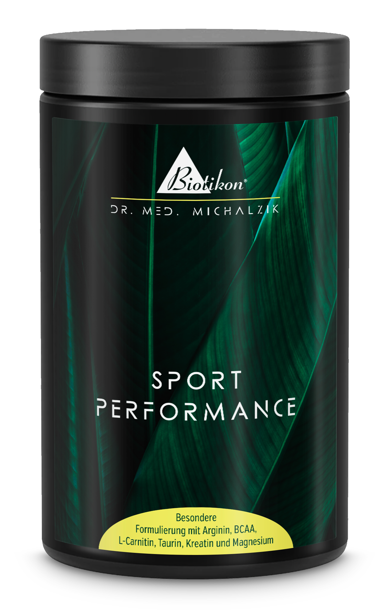 Rendimiento Deportivo - Polvo Polvo Rendimiento Deportivo en lata negra con empaque verde, muestra una formulación especial.