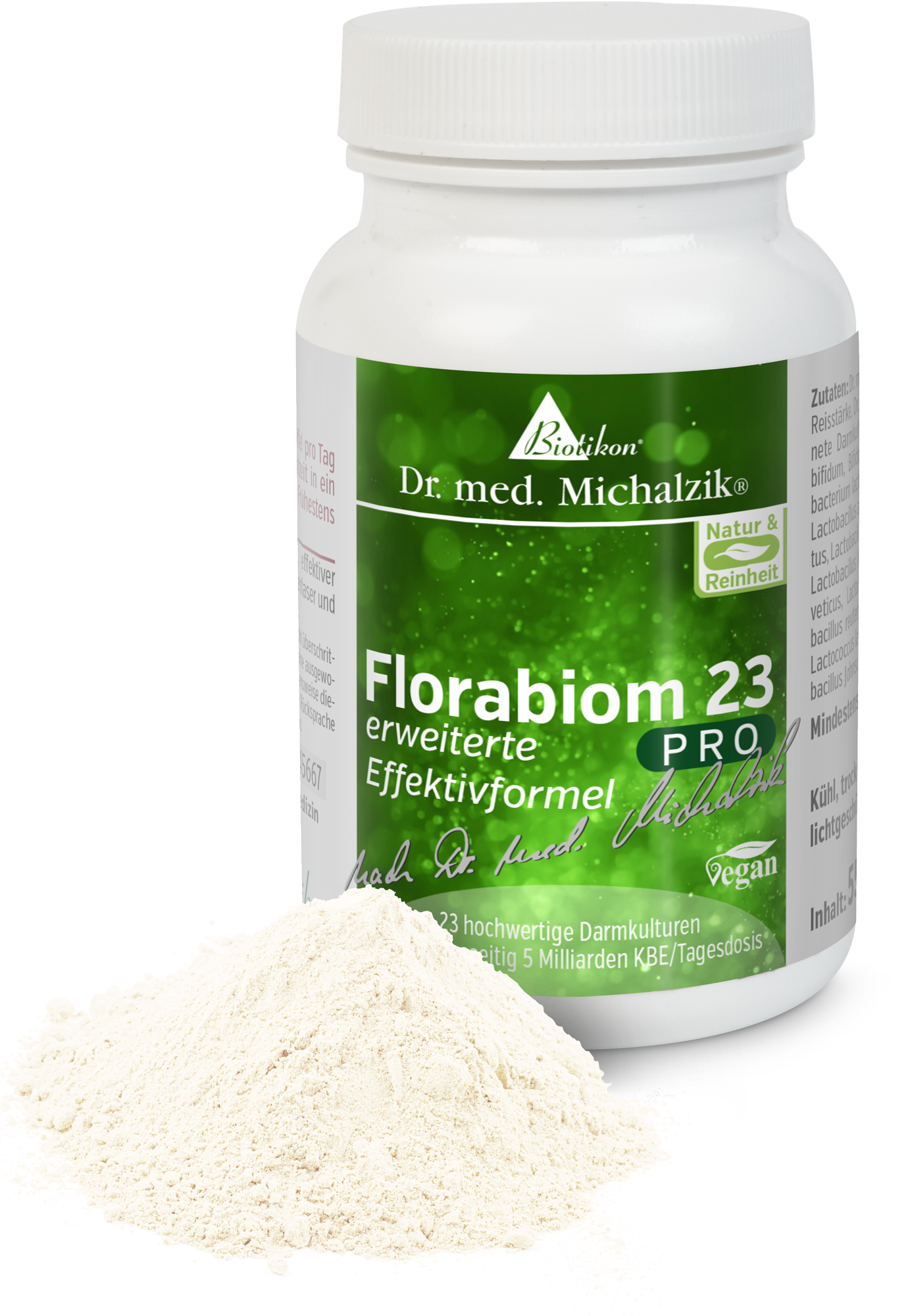 Florabiom 23 PRO – Polvo probiótico Polvo probiótico con 23 cultivos intestinales de alta calidad, envase de 250g con contenido blanco.