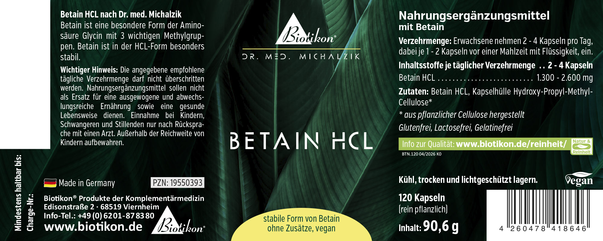 Suplemento de betaína HCL en un envase de 120 cápsulas veganas, empaque verde, vista frontal.