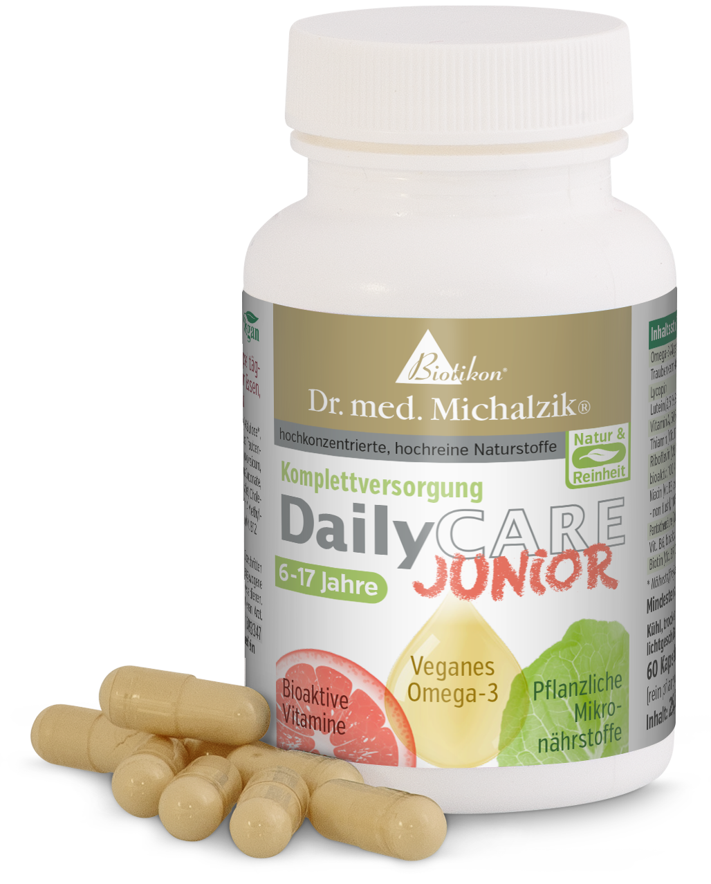 Omega-3 Vegano – Cápsulas para Niños Botella con 60 cápsulas de suplemento vegano Omega-3, cápsulas amarillas, vistas frontalmente.