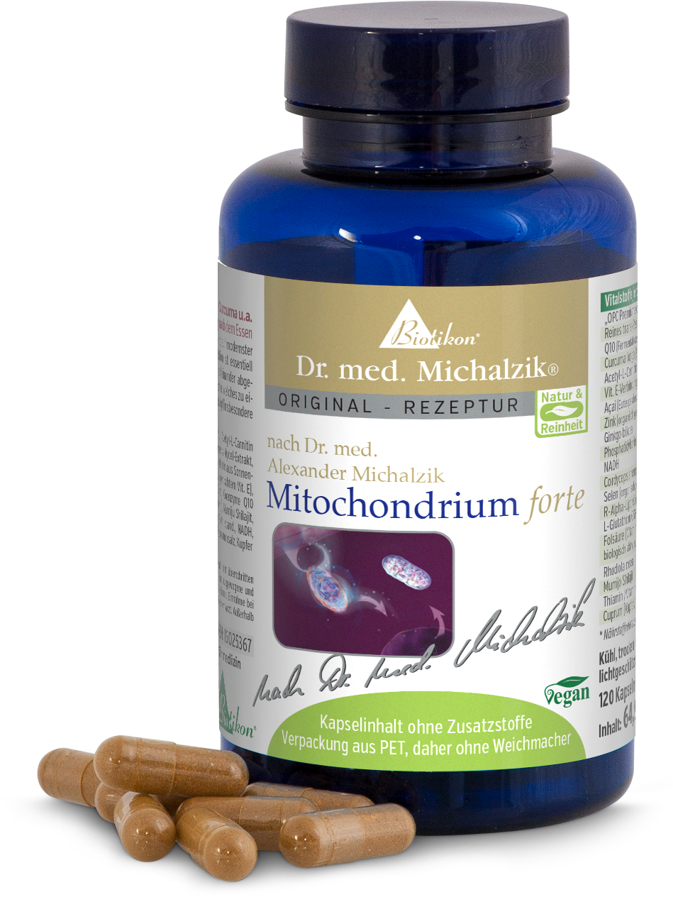 Mitochondrium forte – 120 cápsulas Botella azul con 120 cápsulas veganas, cápsulas beiges, cápsulas sobre la mesa.