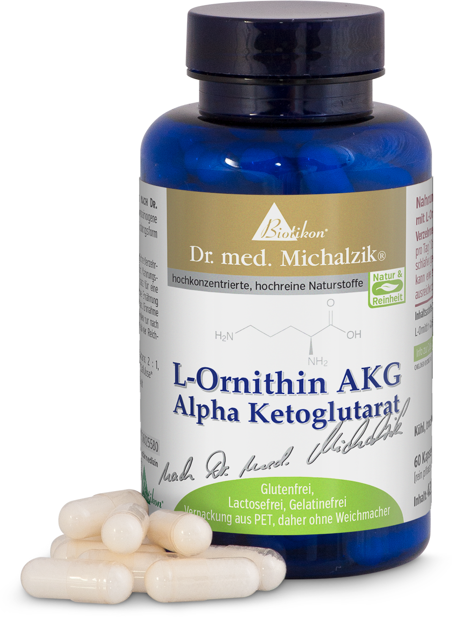 L-Ornitina AKG – 60 Cápsulas Contenedor de plástico azul con cápsulas de L-Ornitina AKG, 60 unidades, vista frontal, suplemento dietético.