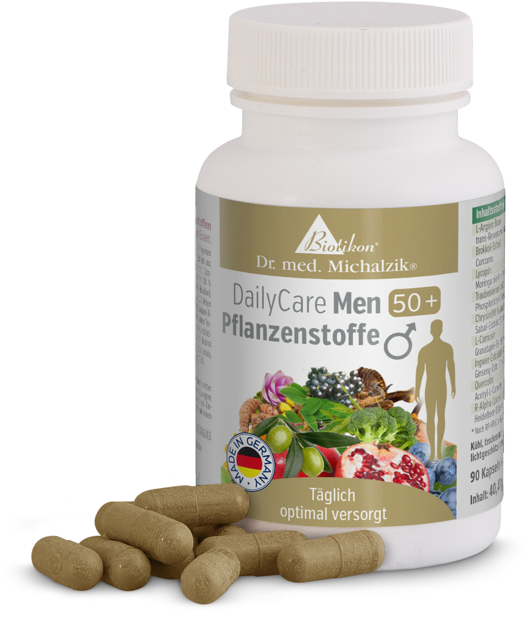 Envase con cápsulas de DailyCare Hombres 50+, 90 cápsulas vegetales en frasco claro, rodeado de cápsulas.