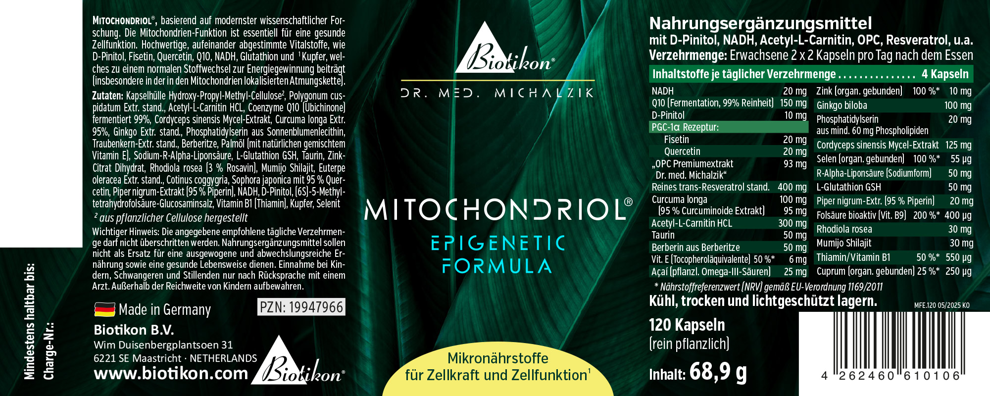 Suplemento en envase oscuro con diseño verde, contiene 120 cápsulas vegetales.