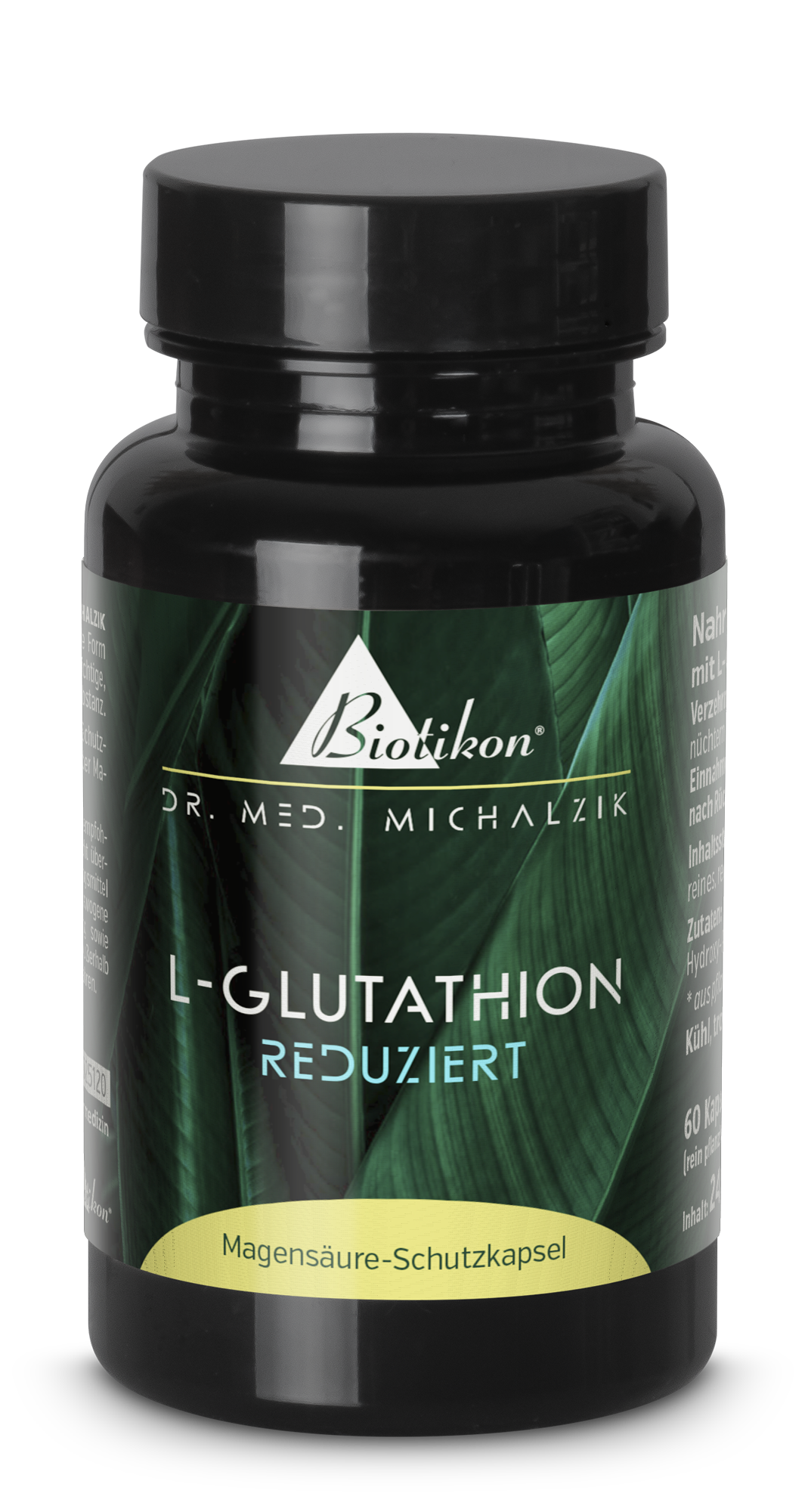 Envase de plástico azul con cápsulas de L-Glutatión, 60 unidades, sin gluten, cápsulas veganas, vista frontal.