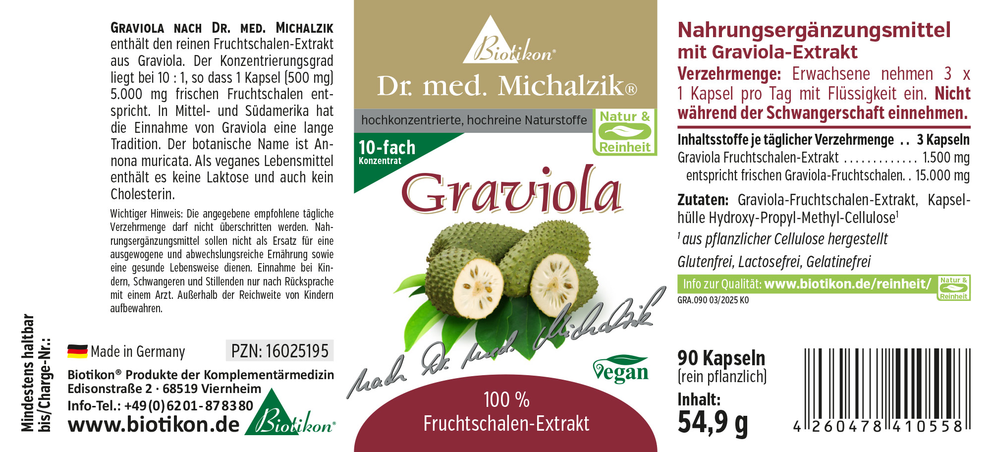 Graviola 500 mg – 90 Cápsulas Cápsulas de Graviola, 90 unidades, extracto de fruta de 500 mg, empaque marrón, vista lateral