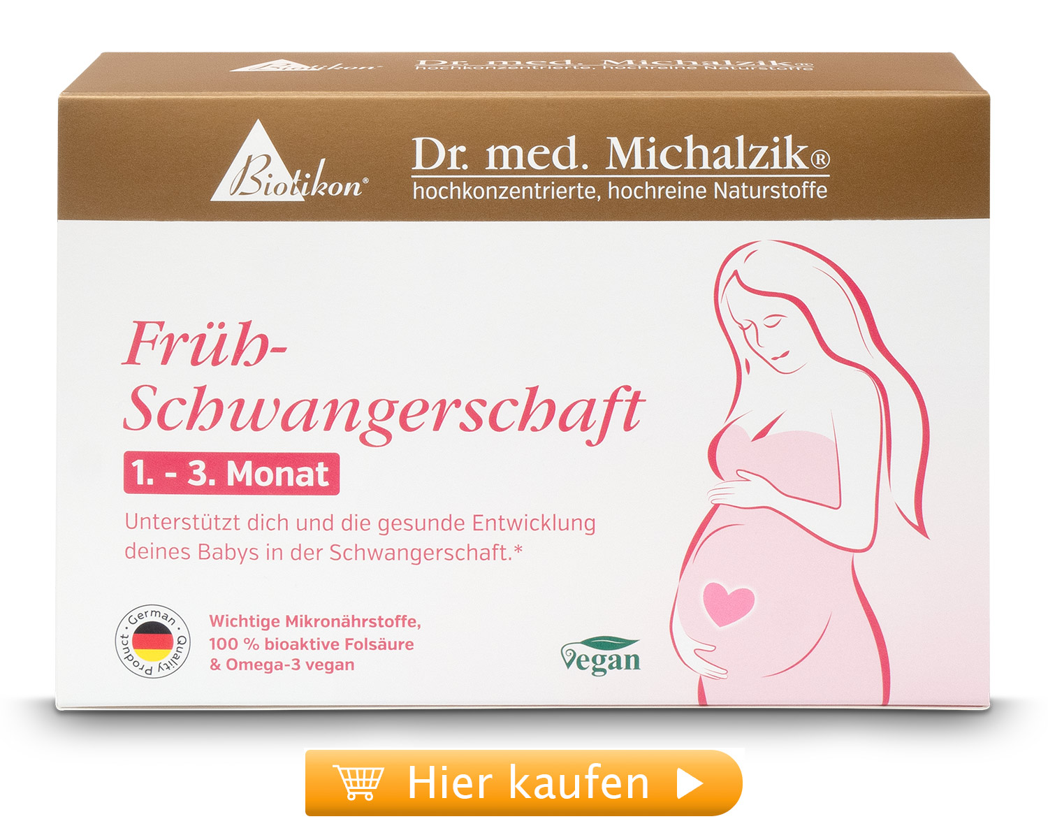 Frühschwangerschaft 1-3 Meses – Cápsulas Envase de suplemento alimenticio para embarazadas, vegetariano, 1-3 meses, diseño rosa.